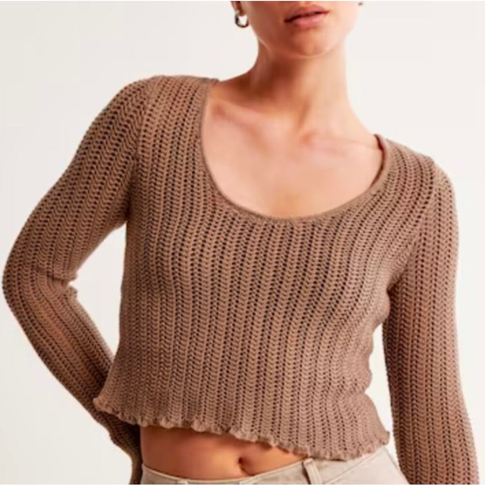 Abercrombie & Fitch Crochet Long Sleeve Scoop Neck Sweater Small Taupe Brown